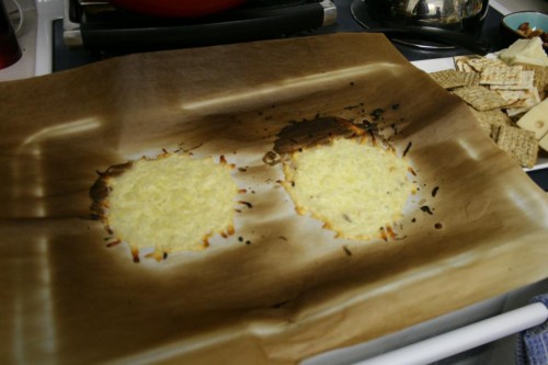 The scorched parchment paper can attest to the fact that Swiss melts at a higher temperature than mozzarella. Or maybe it was just because we re-used the same parchment paper. Either way, the Swiss has a completely different texture than the mozzarella. It was firmer and less rubbery, yet still flexible.