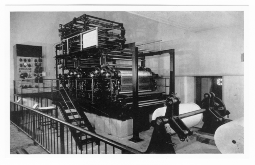 Ah, 1950s-vintage newspaper presses. Will someday the journalism business model be looked back at with as much nostalgia? (Image from the Chicago Postcard Museum.)