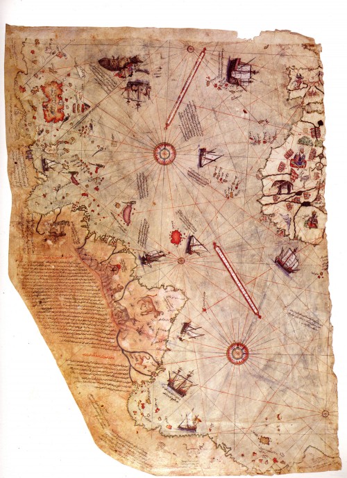 A portion of the Piri Reis world map, showing the coastlines of Brazil and west Africa.